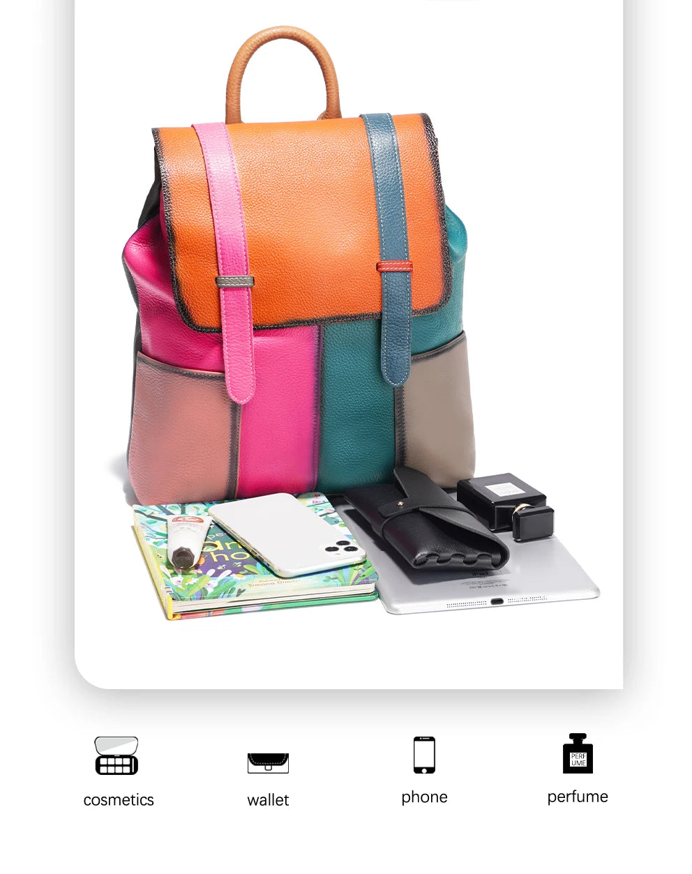 Women's Genuine Leather Backpack – Stylish, Spacious, and Featuring a Patchwork Design