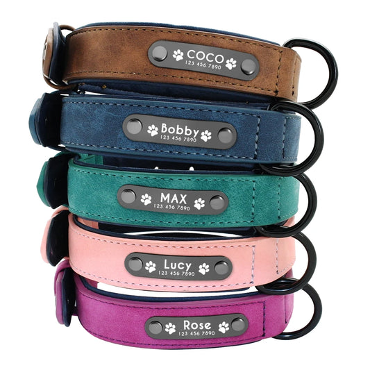 Customized leather dog collars with identification tags, for small, medium and large breed dogs such as Pitbulls, Bulldogs and Beagles