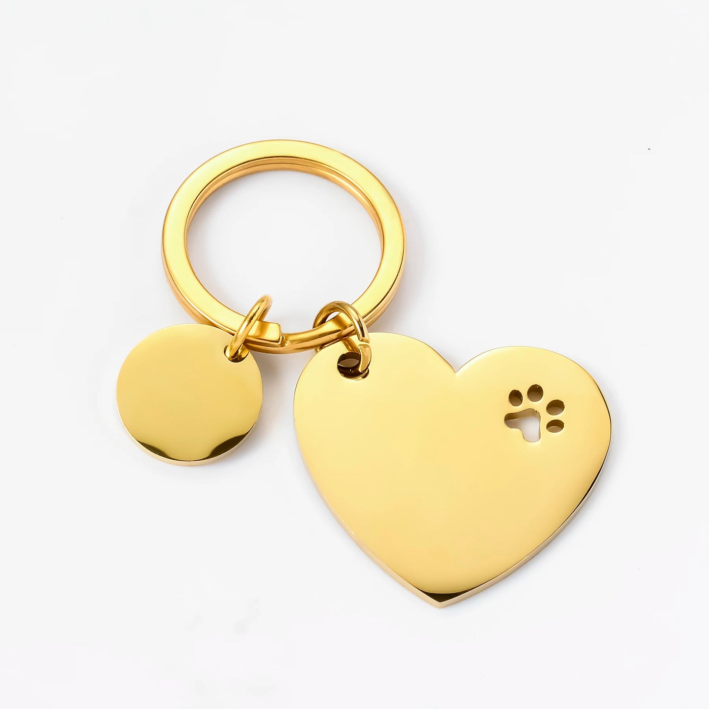Set of 3 decorative stainless steel keychains in the shape of a heart and paws, with identification tags for dogs