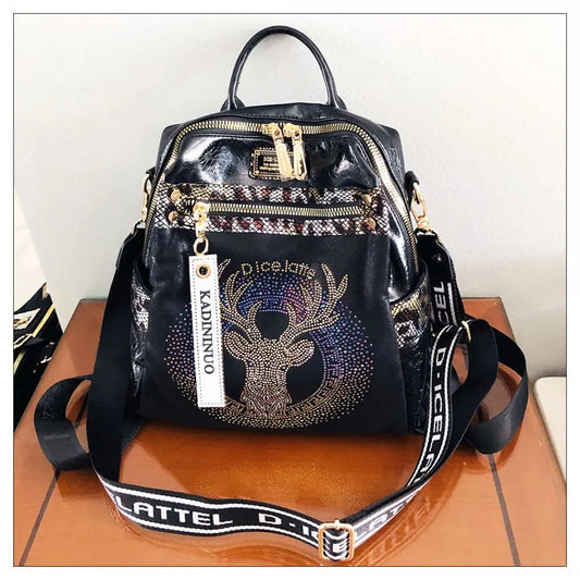 Stylish, modern, and beautiful women's backpack in soft leather with a sparkling rhinestone print