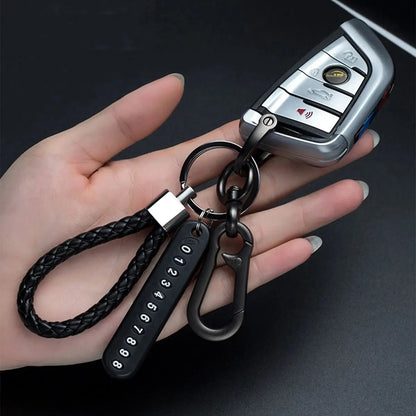 Modern DIY cell phone plate pendant keychain for men, made of braided leather cord, anti-loss accessory for car keys
