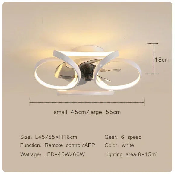 Smart Nordic ceiling fan with LED light, dimmable and silent, with remote control. Bedroom lighting