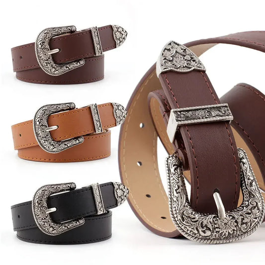 Adjustable women's boho western style belt with round buckle
