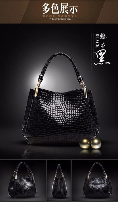 Women's satchel and tote bag with crocodile print and top handle. Stylish