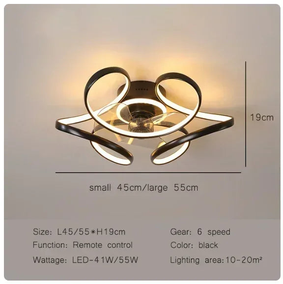 Smart Nordic ceiling fan with LED light, dimmable and silent, with remote control. Bedroom lighting