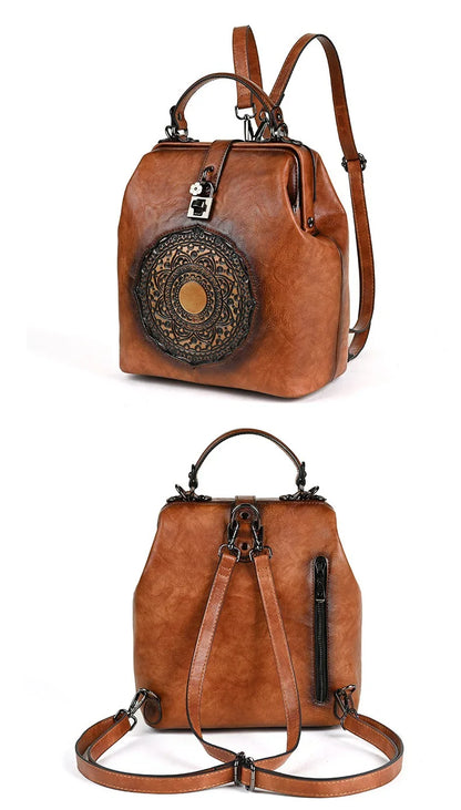 Women's vintage leather backpack, luxurious and elegant