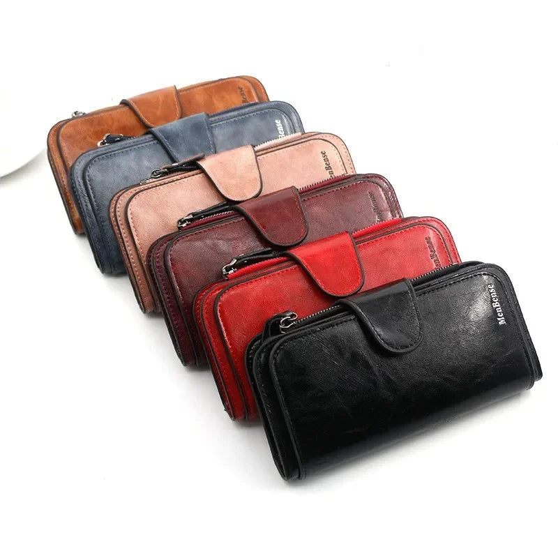 Women's leather wallet with three folds vintage style