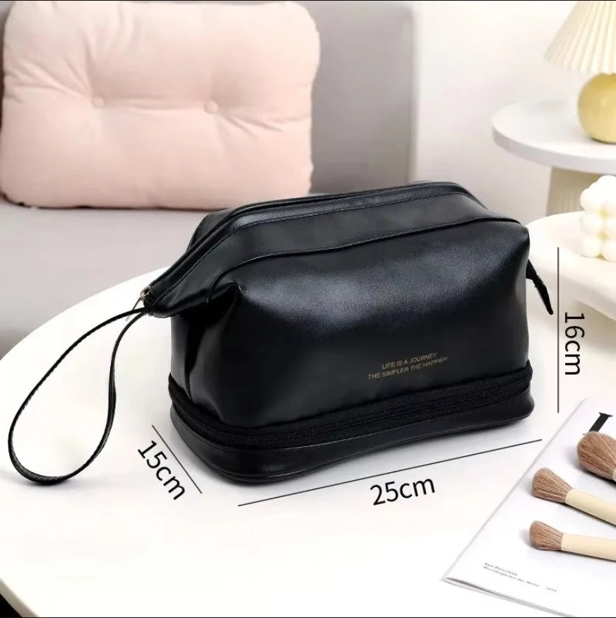 A sophisticated, portable, and large toiletry bag for cosmetics or personal hygiene items.