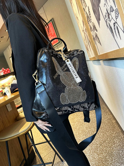 Multifunctional women's backpack with rabbit design and rhinestones, made of leather