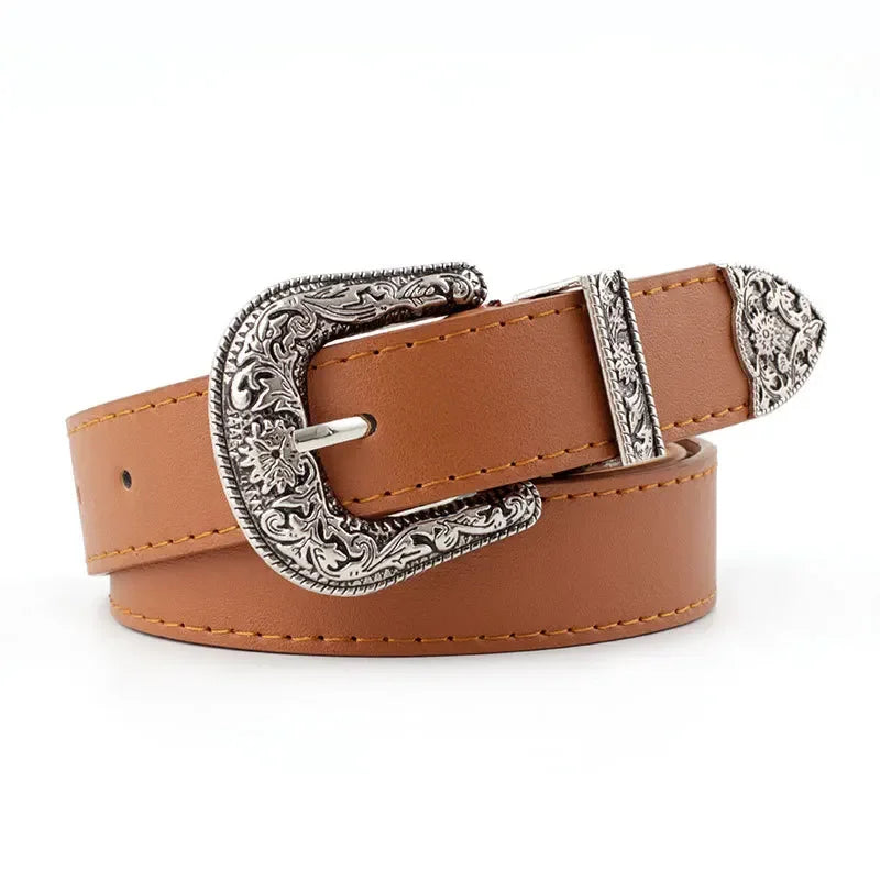 Adjustable women's boho western style belt with round buckle