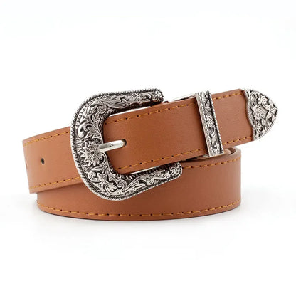Adjustable women's boho western style belt with round buckle