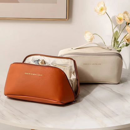 A sophisticated, portable, and large toiletry bag for cosmetics or personal hygiene items.
