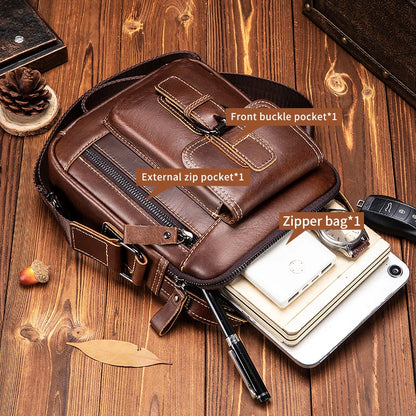 Small and versatile vertical shoulder bag in genuine leather for men