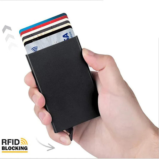Slim and minimalist metal RFID card holder for men and women
