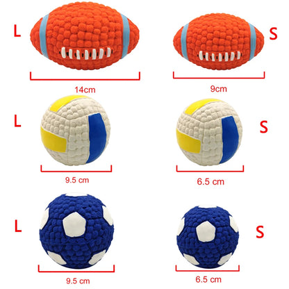Soft latex ball with a squeaker for small and large dogs. Shaped like a game ball such as rugby, tennis, volleyball, soccer, and basketball. Engages your pet in play and helps clean their teeth