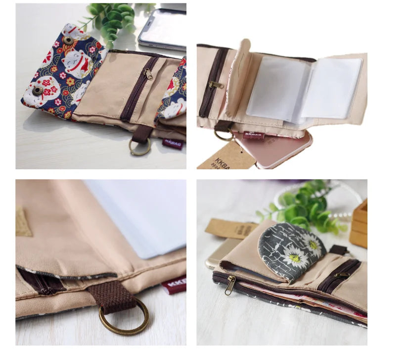 Women's wallet with cartoon print for girls, with key holder and coin purse in various designs.