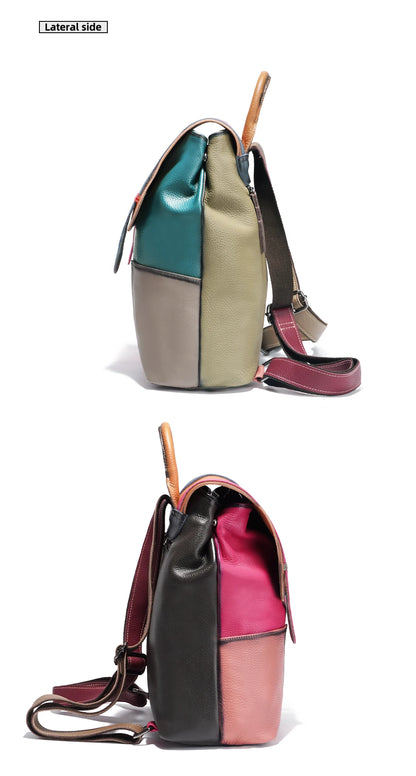Women's Genuine Leather Backpack – Stylish, Spacious, and Featuring a Patchwork Design
