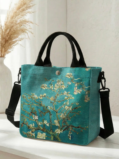 Women's Canvas Tote Bag Featuring Van Gogh's "Almond Blossom" – Crossbody and Hand-Carry with Removable Strap for Everyday Use and Shopping