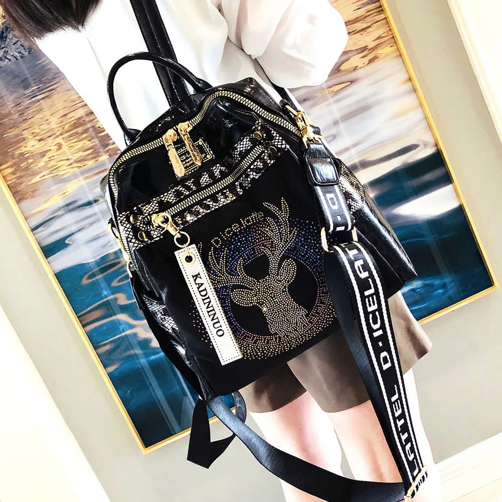 Stylish, modern, and beautiful women's backpack in soft leather with a sparkling rhinestone print