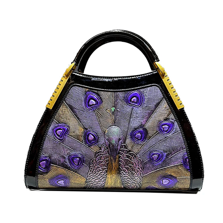 On sale! Women's handbag in high-quality cowhide leather with a peacock print. Shoulder strap is adjustable
