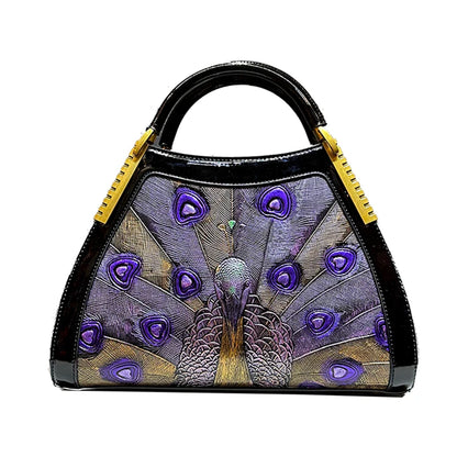 On sale! Women's handbag in high-quality cowhide leather with a peacock print. Shoulder strap is adjustable