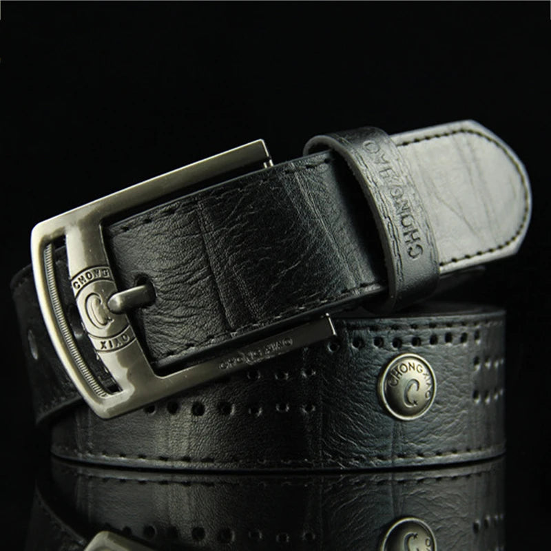 High-quality, casual and modern men's leather belt, wide with hollow rivets