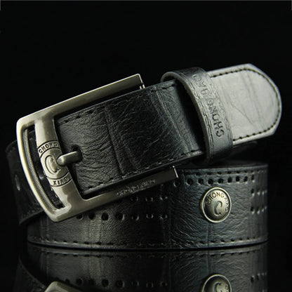 High-quality, casual and modern men's leather belt, wide with hollow rivets