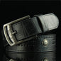 High-quality, casual and modern men's leather belt, wide with hollow rivets
