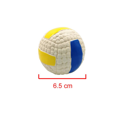 Soft latex ball with a squeaker for small and large dogs. Shaped like a game ball such as rugby, tennis, volleyball, soccer, and basketball. Engages your pet in play and helps clean their teeth