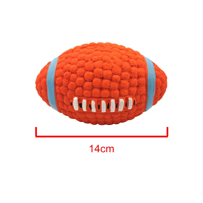 Soft latex ball with a squeaker for small and large dogs. Shaped like a game ball such as rugby, tennis, volleyball, soccer, and basketball. Engages your pet in play and helps clean their teeth