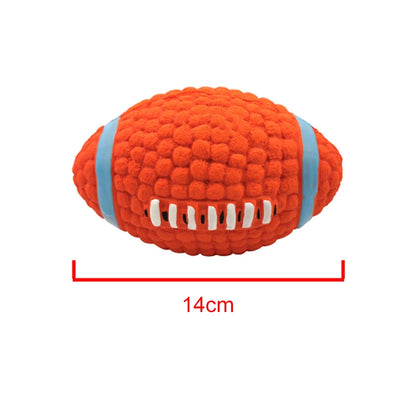 Soft latex ball with a squeaker for small and large dogs. Shaped like a game ball such as rugby, tennis, volleyball, soccer, and basketball. Engages your pet in play and helps clean their teeth