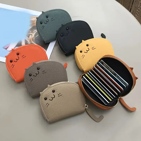 Card holder with a cat-shaped design and multiple compartments.