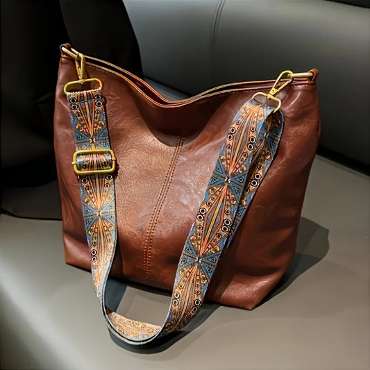 Women's bohemian-style handbag with vintage embroidery and a wide strap