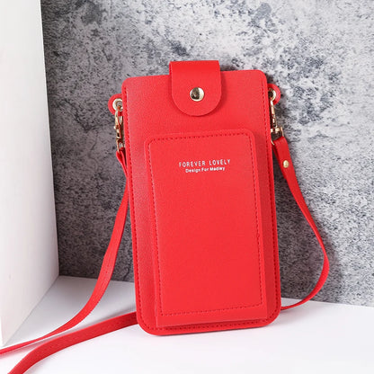Modern shoulder bag in a solid color, with compartments for cell phone, wallets, and document holder