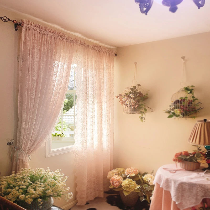 2PCS French Pink Lace Sheer Curtain For Luxurious Living Room, Princess Room