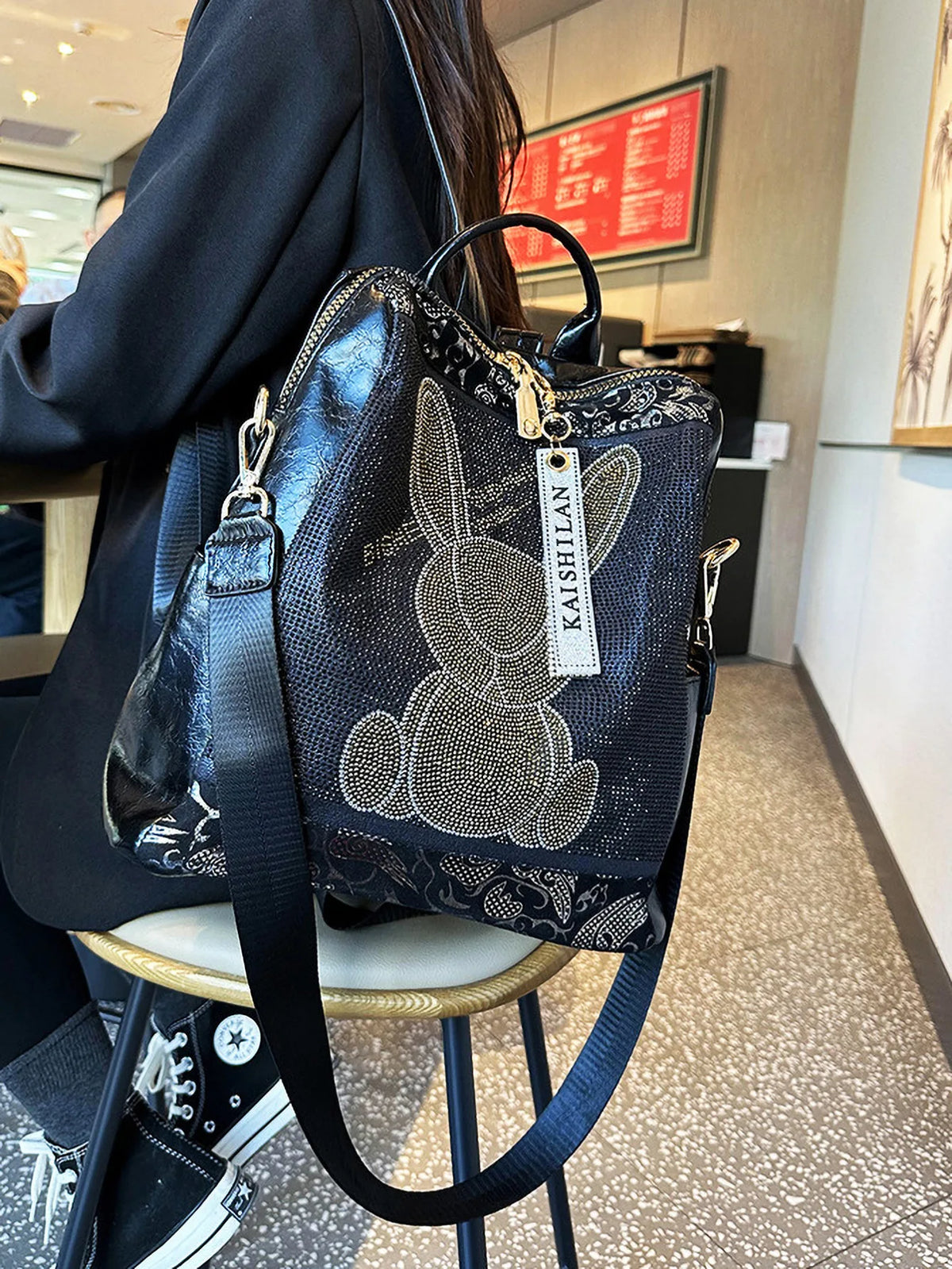 Multifunctional women's backpack with rabbit design and rhinestones, made of leather