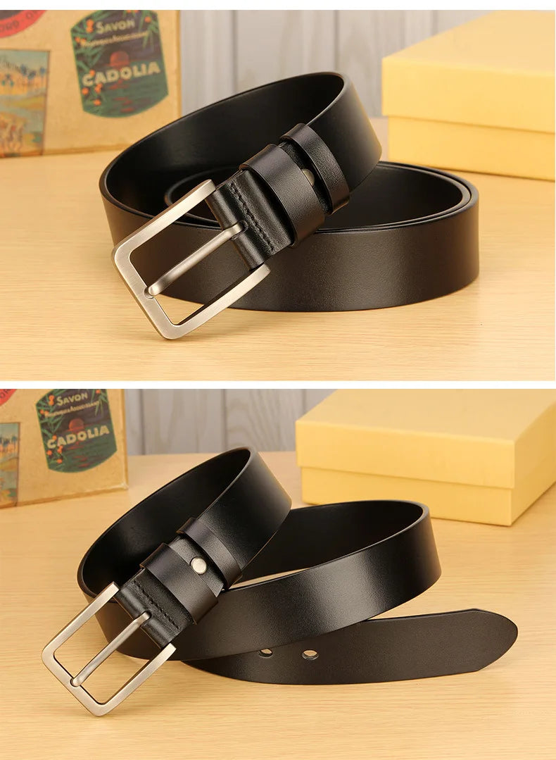 Men's leather belt with metal alloy pin buckle