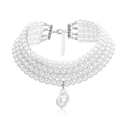 Sophisticated and elegant classic multi-strand choker necklace featuring round pearls and a pearl pendant, perfect for parties and other special occasions