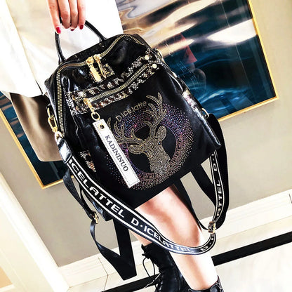 Stylish, modern, and beautiful women's backpack in soft leather with a sparkling rhinestone print
