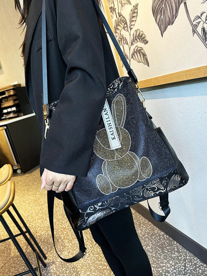 Multifunctional women's backpack with rabbit design and rhinestones, made of leather