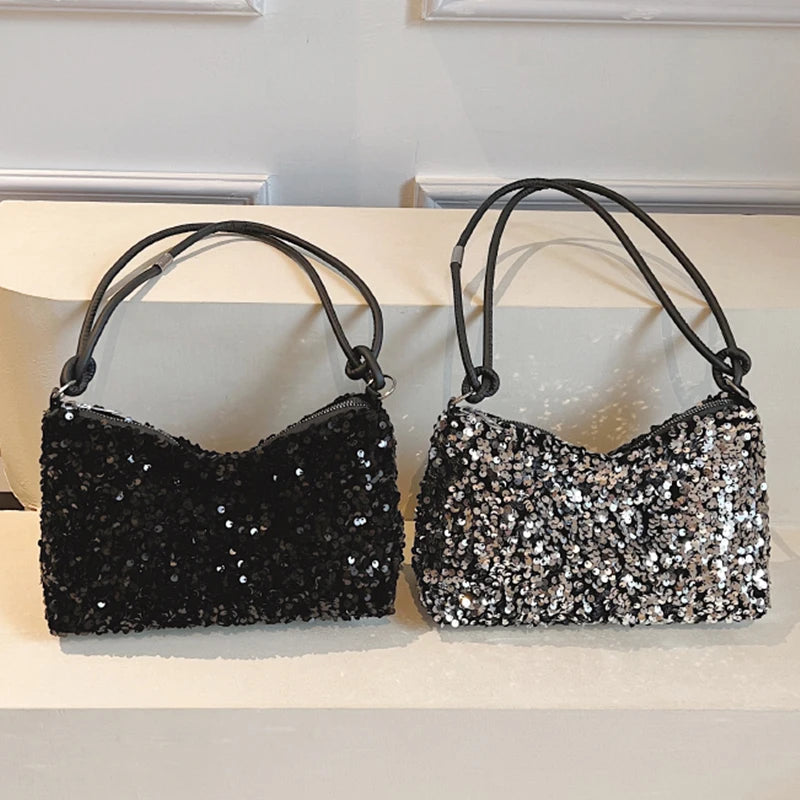 Women's sequin party bag/clutch with leather shoulder strap for weddings, proms, and parties (black and silver)