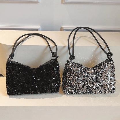 Women's sequin party bag/clutch with leather shoulder strap for weddings, proms, and parties (black and silver)