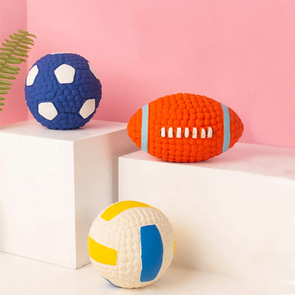 Soft latex ball with a squeaker for small and large dogs. Shaped like a game ball such as rugby, tennis, volleyball, soccer, and basketball. Engages your pet in play and helps clean their teeth