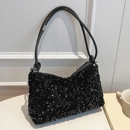 Women's sequin party bag/clutch with leather shoulder strap for weddings, proms, and parties (black and silver)