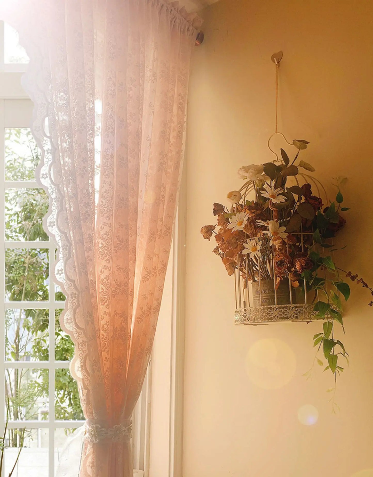 2PCS French Pink Lace Sheer Curtain For Luxurious Living Room, Princess Room