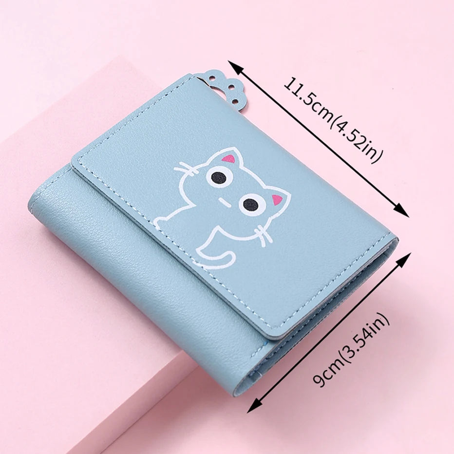 Small and compact women's wallet for girls with a cat print, featuring card slots and a bill compartment.