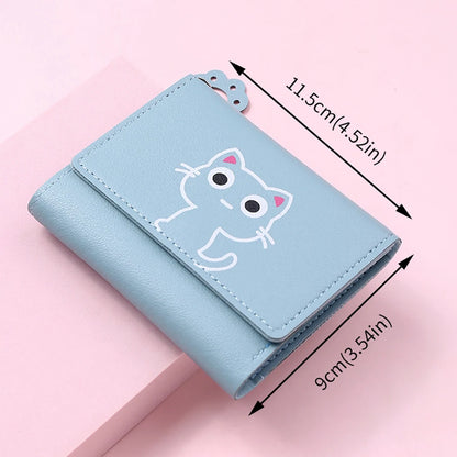 Small and compact women's wallet for girls with a cat print, featuring card slots and a bill compartment.