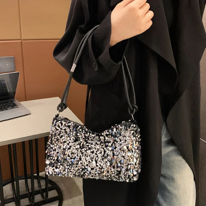 Women's sequin party bag/clutch with leather shoulder strap for weddings, proms, and parties (black and silver)
