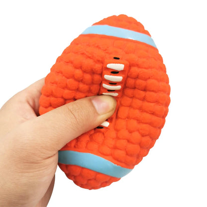 Soft latex ball with a squeaker for small and large dogs. Shaped like a game ball such as rugby, tennis, volleyball, soccer, and basketball. Engages your pet in play and helps clean their teeth