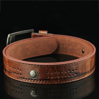 High-quality, casual and modern men's leather belt, wide with hollow rivets